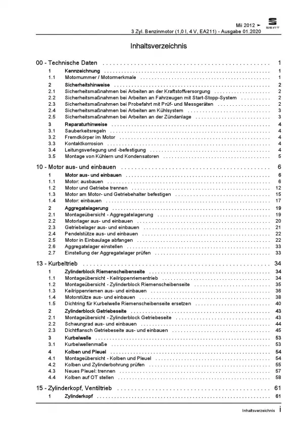 SEAT Mii Typ AA 2011-2019 3-Zyl. 1,0l Benzinmotor 60-75 PS Reparaturanleitung