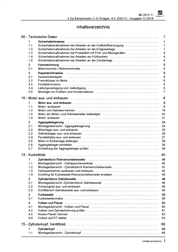 SEAT Mii AA 2011-2019 3-Zyl. Erdgas Benzinmotor 68 PS Reparaturanleitung PDF