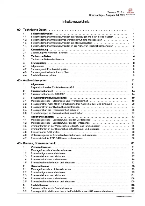 Seat Tarraco Typ KN ab 2018 Bremsanlagen Bremsen System Reparaturanleitung PDF