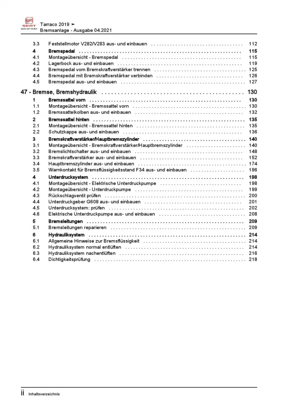 Seat Tarraco Typ KN ab 2018 Bremsanlagen Bremsen System Reparaturanleitung PDF