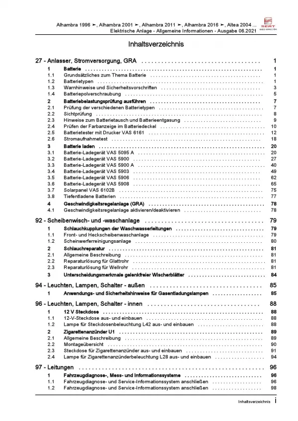 Seat Tarraco ab 2018 Allgemeine Infos Elektrische Anlage Reparaturanleitung PDF