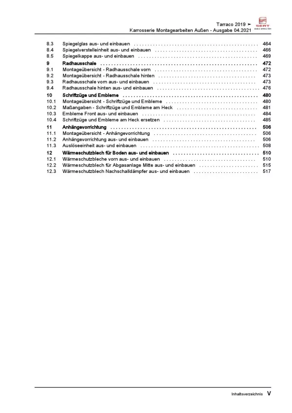 Seat Tarraco KN ab 2018 Karosserie Montagearbeiten Außen Reparaturanleitung PDF