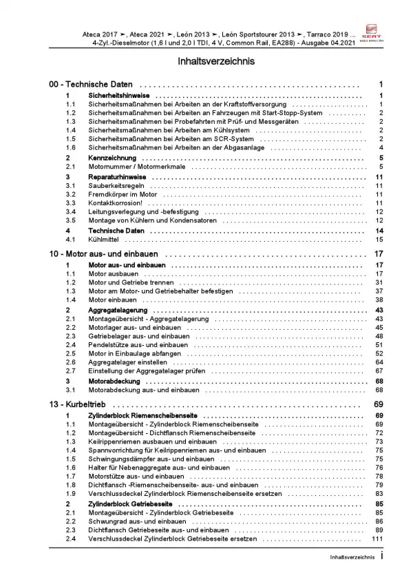 Seat Tarraco Typ KN ab 2018 4-Zyl. 1,6l 2,0l Dieselmotor TDI Reparaturanleitung