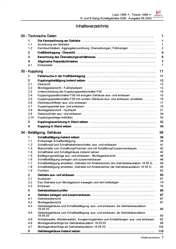 SEAT Toledo 1M 1998-2004 5 und 6 Gang Schaltgetriebe 02M Reparaturanleitung PDF