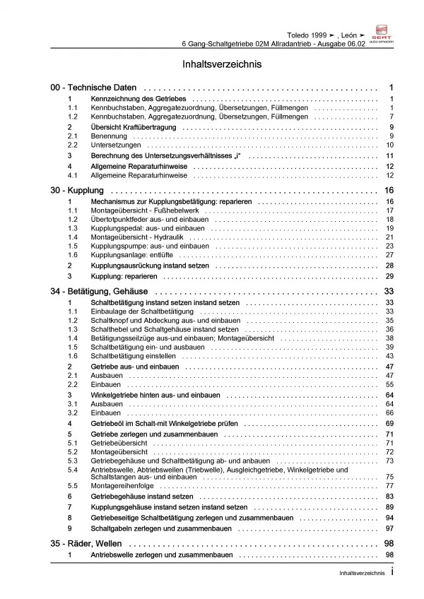 SEAT Toledo 1M (98-04) 6 Gang Schaltgetriebe 02M Kupplung Reparaturanleitung PDF