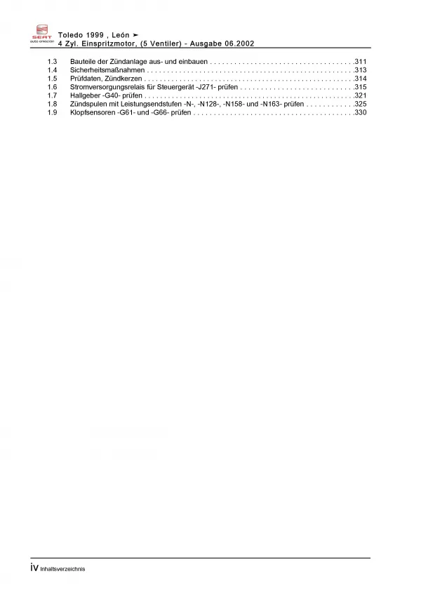 SEAT Toledo 1M (98-04) 4-Zyl. 1,8l Benzinmotor 209-225 PS Reparaturanleitung PDF