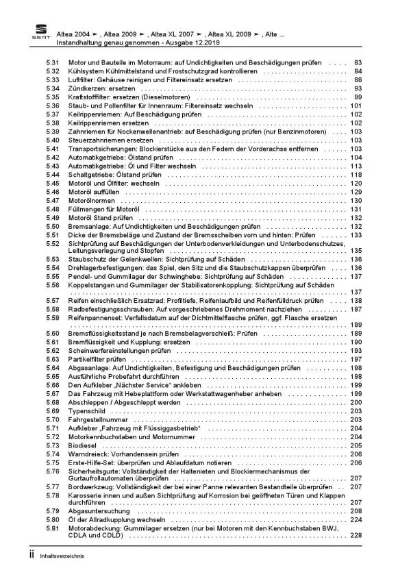 SEAT Toledo 5P (04-09) Instandhaltung Inspektion Wartung Reparaturanleitung PDF