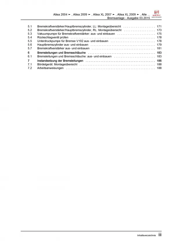 SEAT Toledo Typ 5P 2004-2009 Bremsanlagen Bremsen System Reparaturanleitung PDF