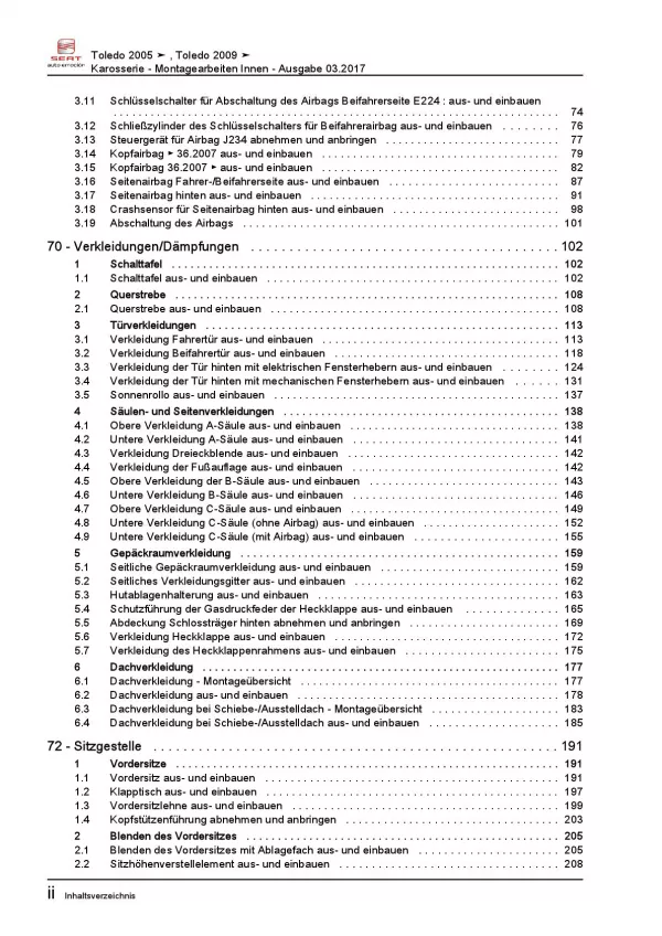 SEAT Toledo 5P 2004-2009 Karosserie Montagearbeiten Innen Reparaturanleitung PDF