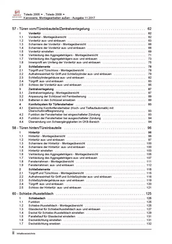 SEAT Toledo 5P 2004-2009 Karosserie Montagearbeiten Außen Reparaturanleitung PDF