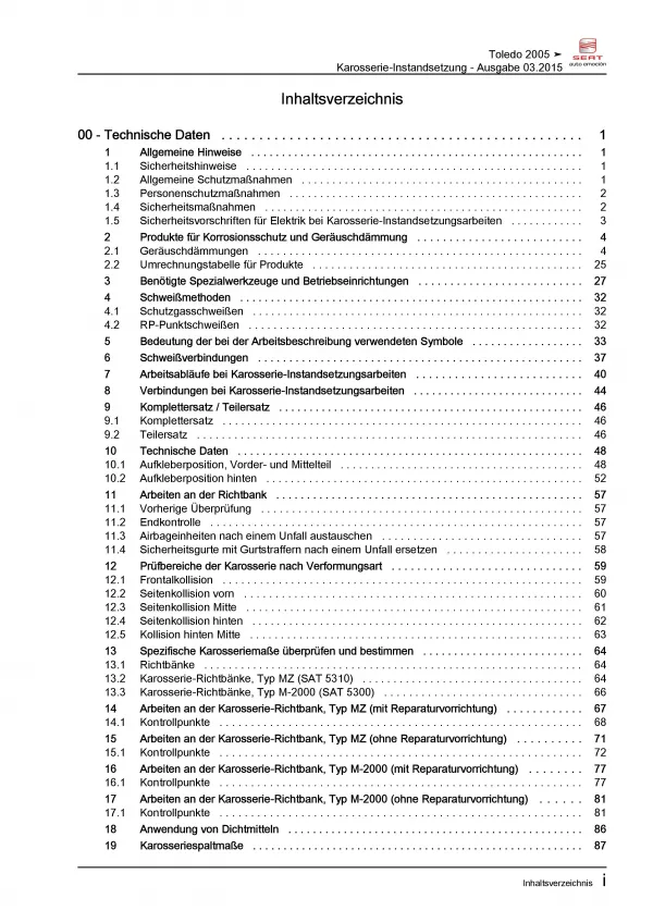 SEAT Toledo 5P 2004-2009 Karosserie Unfall Instandsetzung Reparaturanleitung PDF