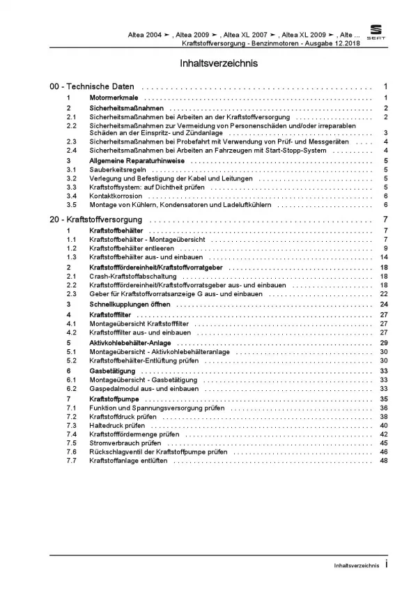 SEAT Toledo 5P (04-09) Kraftstoffversorgung Benzinmotoren Reparaturanleitung PDF