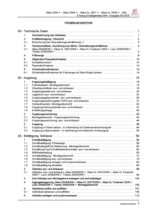 SEAT Toledo 5P (04-09) 5 Gang Schaltgetriebe 0A4 Kupplung Reparaturanleitung PDF