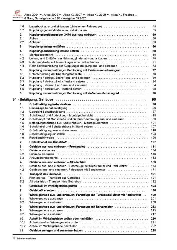 SEAT Toledo 5P (04-09) 6 Gang Schaltgetriebe 02Q Kupplung Reparaturanleitung PDF