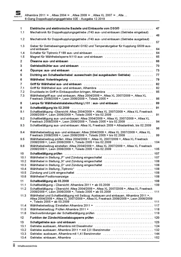 SEAT Toledo 5P 2004-2009 6 Gang Automatikgetriebe DKG 02E Reparaturanleitung PDF