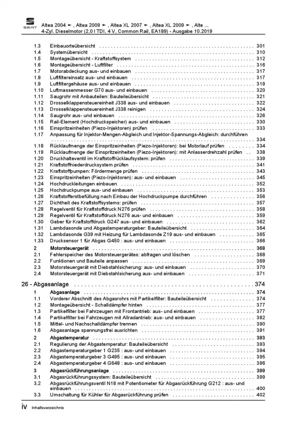 SEAT Toledo 5P (04-09) 4-Zyl. 2,0l Dieselmotor TDI 170 PS Reparaturanleitung PDF