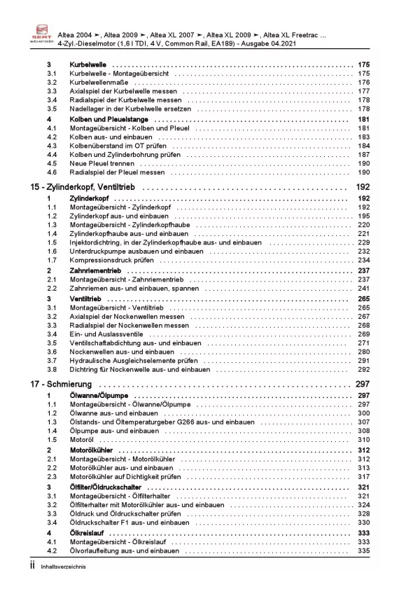 SEAT Toledo 5P 2004-2009 1,6l Dieselmotor TDI 90-105 PS Reparaturanleitung PDF