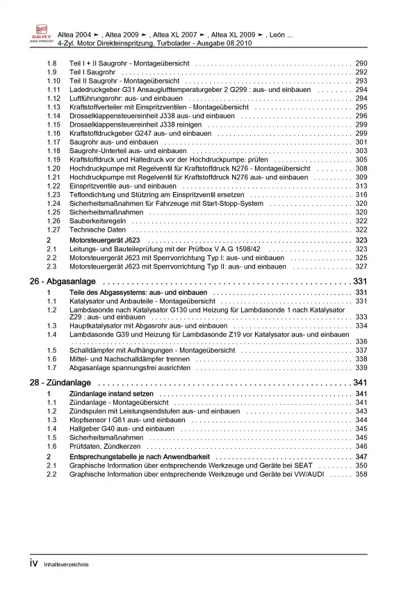 SEAT Toledo 5P 2004-2009 4-Zyl. 1,4l Benzinmotor 125 PS Reparaturanleitung PDF