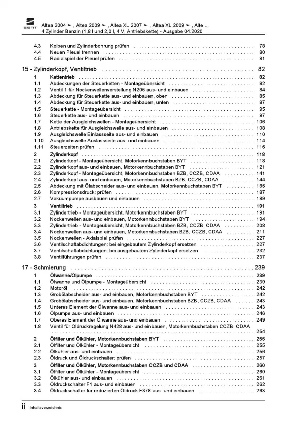 SEAT Toledo 5P 2004-2009 4-Zyl. Benzinmotor 160-211 PS Reparaturanleitung PDF