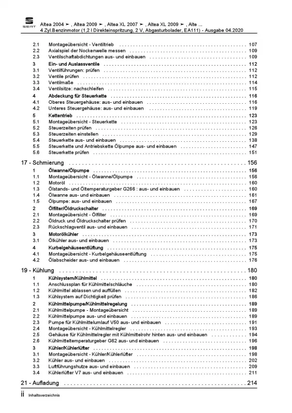 SEAT Toledo 5P (04-09) 4-Zyl. 1,4l Benzinmotor 86-105 PS Reparaturanleitung PDF