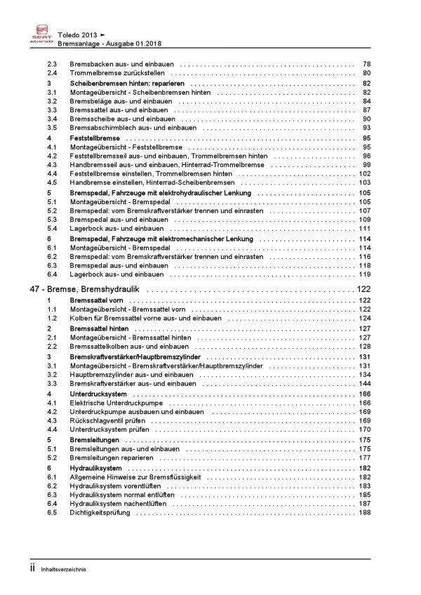 SEAT Toledo KG 2012-2019 Bremsanlagen Bremsen System Reparaturanleitung PDF