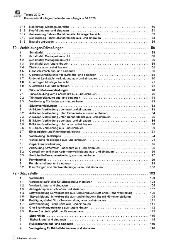 SEAT Toledo KG 2012-2019 Karosserie Montagearbeiten Innen Reparaturanleitung PDF