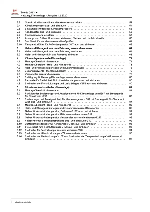 SEAT Toledo KG 2012-2019 Heizung Belüftung Klimaanlage Reparaturanleitung PDF