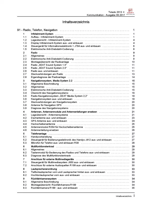 SEAT Toledo KG 2012-2019 Radio Navigation Kommunikation Reparaturanleitung PDF