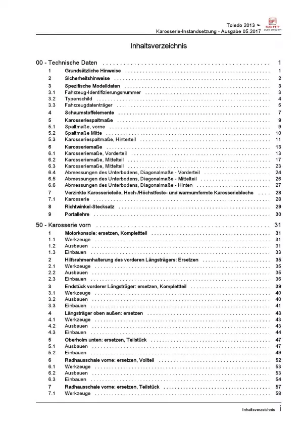 SEAT Toledo KG 2012-2019 Karosserie Unfall Instandsetzung Reparaturanleitung PDF