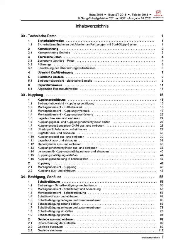 SEAT Toledo KG (12-19) 5 Gang Schaltgetriebe 02T 0DF Kupplung Reparaturanleitung