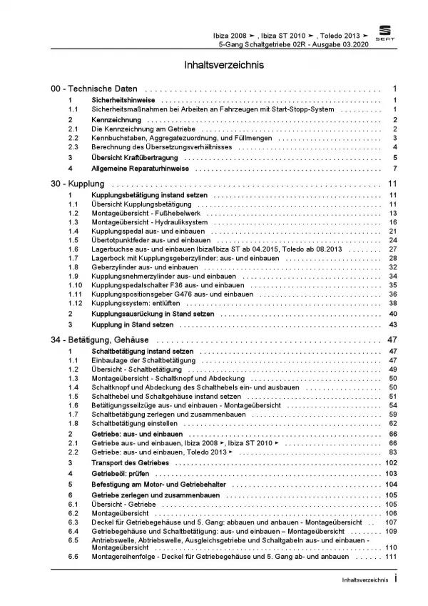 SEAT Toledo KG (12-19) 5 Gang Schaltgetriebe 02R Kupplung Reparaturanleitung PDF