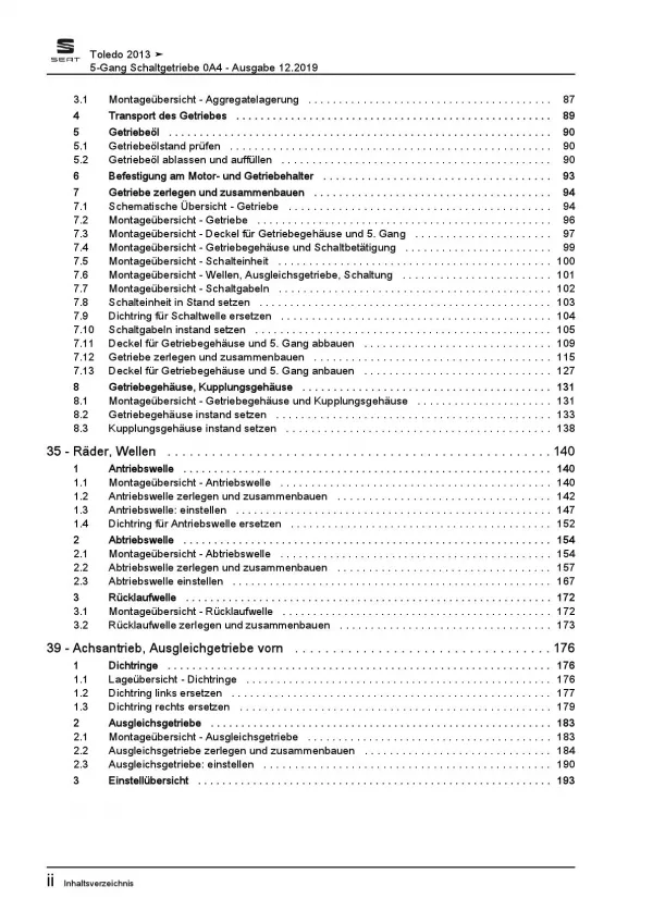 SEAT Toledo KG (12-19) 5 Gang Schaltgetriebe 0A4 Kupplung Reparaturanleitung PDF