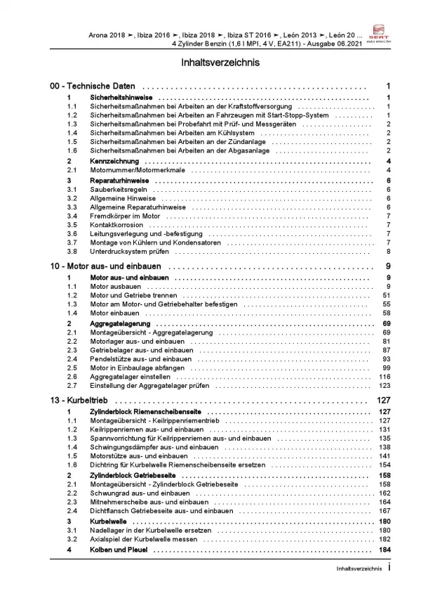 SEAT Toledo KG (12-19) 4-Zyl. 1,6l Benzinmotor 90-110 PS Reparaturanleitung PDF