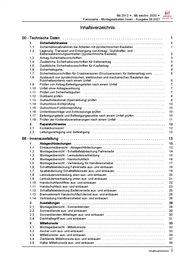 SEAT eMii Typ KE ab 2019 Karosserie Montagearbeiten Innen Reparaturanleitung PDF