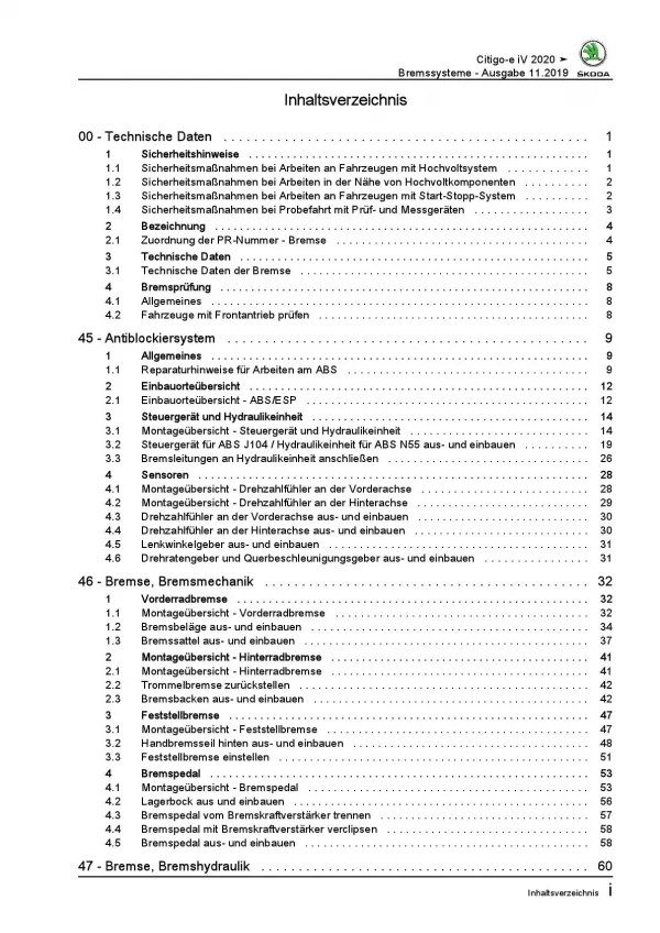 SKODA Citigo-e iV 2019-2020 Bremsanlagen Bremsen System Reparaturanleitung PDF