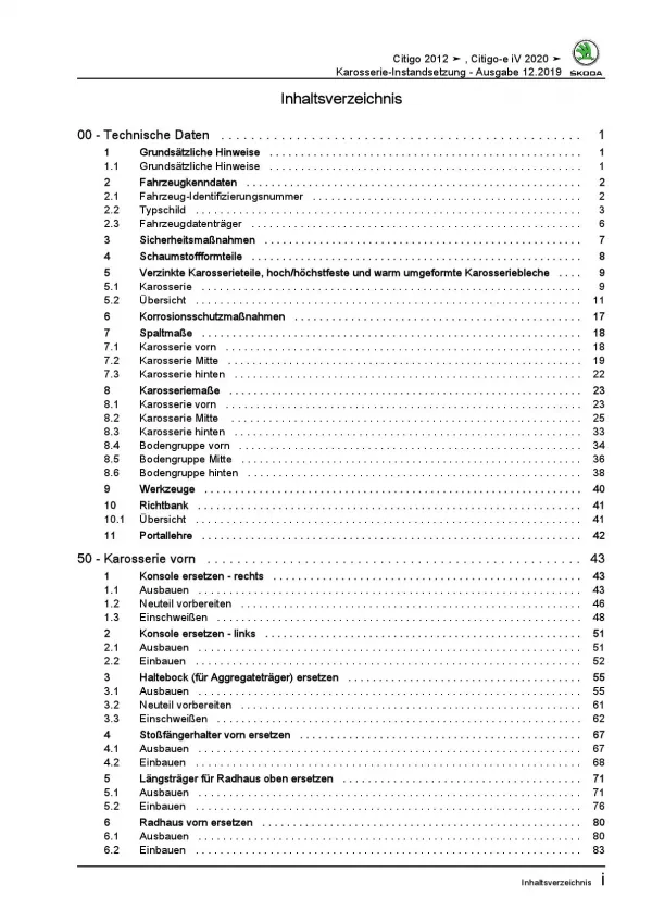 SKODA Citigo NF (11-20) Karosserie Unfall Instandsetzung Reparaturanleitung PDF