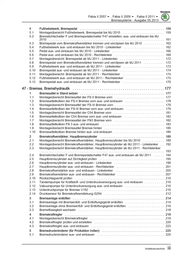 SKODA Fabia Typ 5J 2006-2014 Bremsanlagen Bremsen System Reparaturanleitung PDF