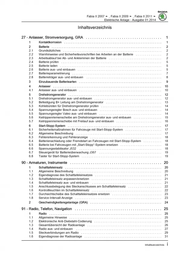 SKODA Fabia 2006-2014 Elektrische Anlage Elektrik Systeme Reparaturanleitung PDF