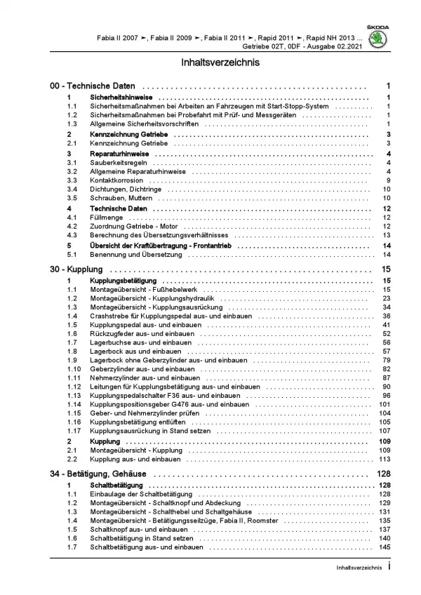 SKODA Fabia 5J 2006-2014 5 Gang Schaltgetriebe 02T 0CF Reparaturanleitung PDF