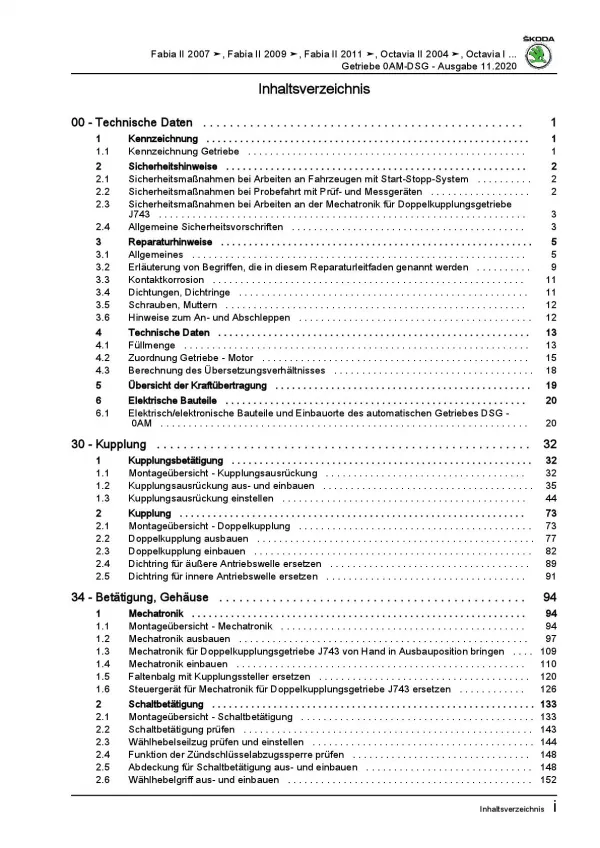 SKODA Fabia 5J (06-14) 7 Gang Automatikgetriebe DKG 0AM Reparaturanleitung PDF