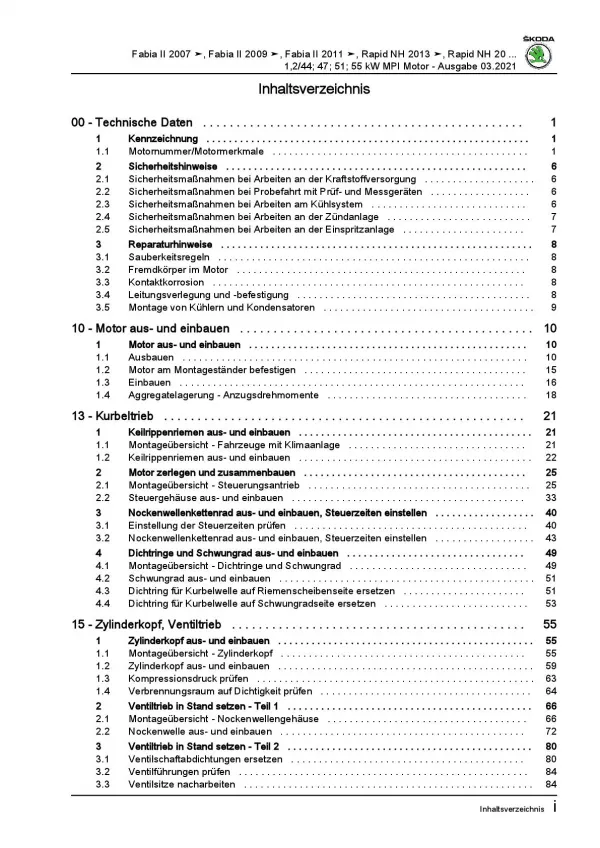 SKODA Fabia 5J 2006-2014 3-Zyl. 1,2l Benzinmotor 60-75 PS Reparaturanleitung PDF