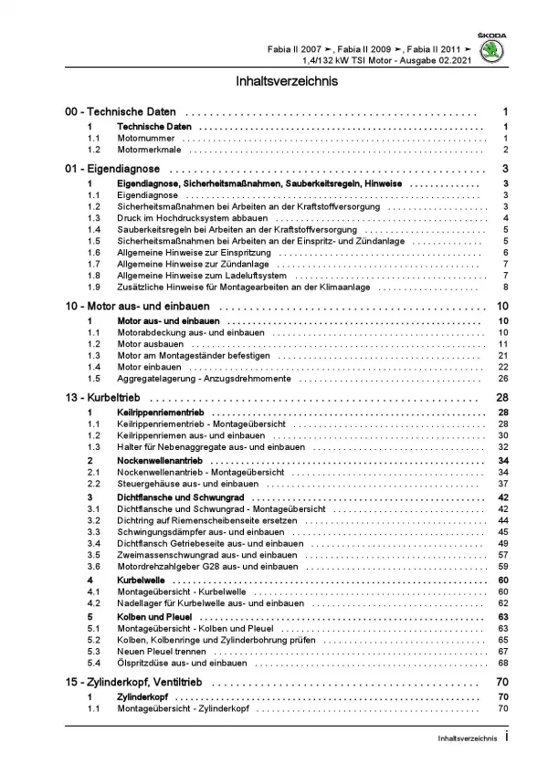 SKODA Fabia 5J 2006-2014 4-Zyl. 1,4l Benzinmotor 179 PS Reparaturanleitung PDF