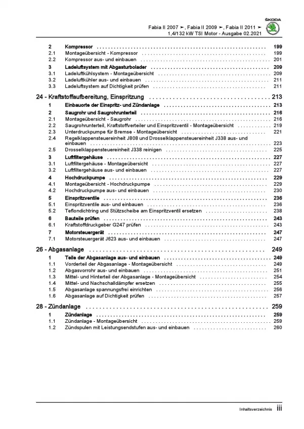 SKODA Fabia 5J 2006-2014 4-Zyl. 1,4l Benzinmotor 179 PS Reparaturanleitung PDF