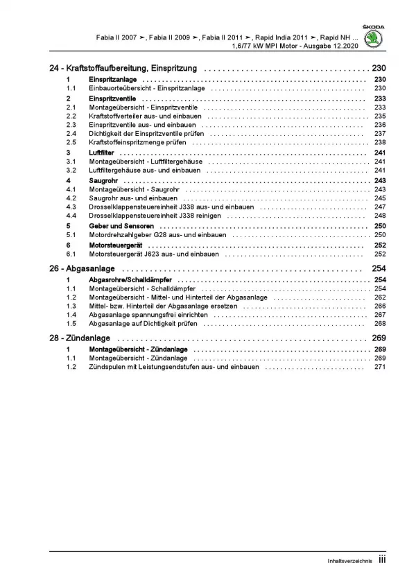 SKODA Fabia 5J 2006-2014 4-Zyl. 1,6l Benzinmotor 105 PS Reparaturanleitung PDF