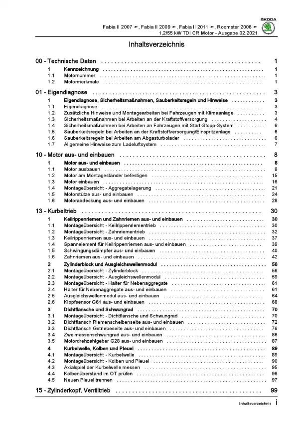 SKODA Fabia 5J (06-14) 3-Zyl. 1,2l Dieselmotor TDI 75 PS Reparaturanleitung PDF