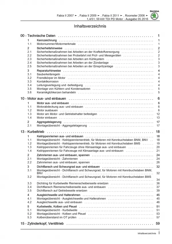 SKODA Fabia 5J 2006-2014 3-Zyl. Dieselmotor TDI 69-80 PS Reparaturanleitung PDF