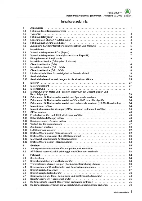 SKODA Fabia 6Y (99-07) Instandhaltung Inspektion Wartung Reparaturanleitung PDF