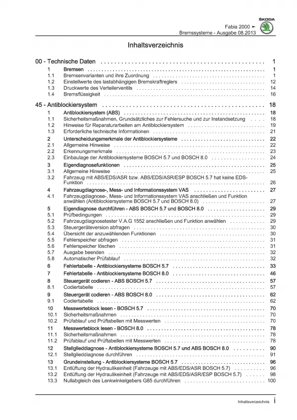 SKODA Fabia Typ 6Y 1999-2007 Bremsanlagen Bremsen System Reparaturanleitung