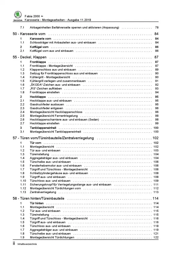 SKODA Fabia 6Y 1999-2007 Karosseriearbeiten Innen Außen Reparaturanleitung PDF