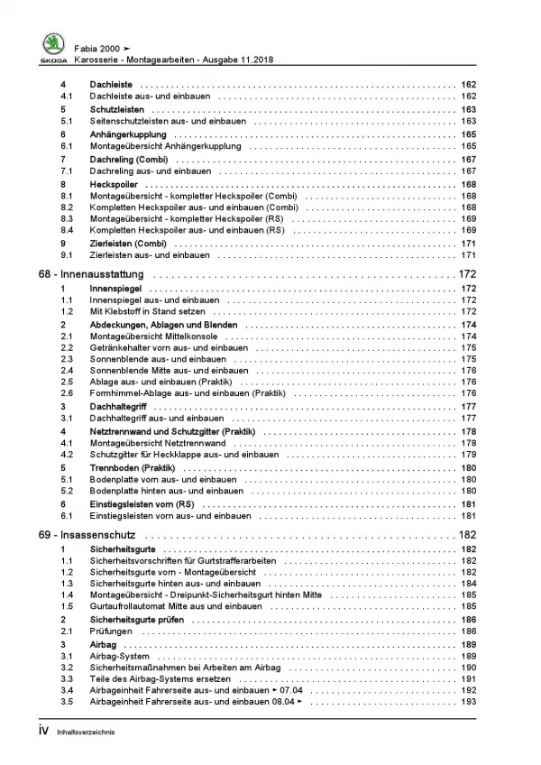 SKODA Fabia 6Y 1999-2007 Karosseriearbeiten Innen Außen Reparaturanleitung PDF